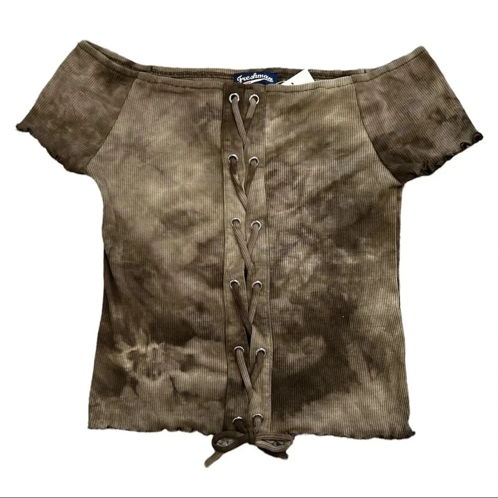 Freshman 1996 Brown Tie Dye Lace Up Cropped Off Shoulder Top 16 Girls